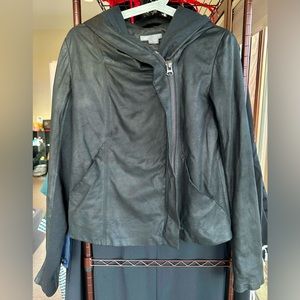 Vince Black Leather Hooded Asymmetrical Zip Jacket